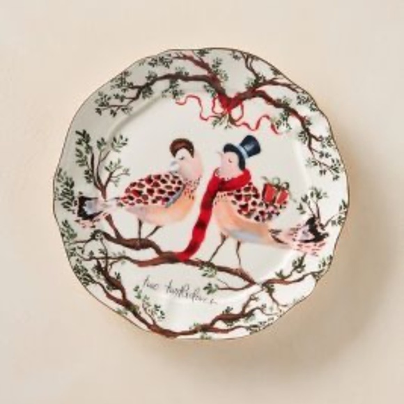 Anthropologie Inslee Fariss 12 Days Of Christmas Turtle Doves  Dessert Plate - Picture 1 of 5